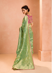 Zari Tissue Silk Saree with Embroidery & Contrast Blouse
