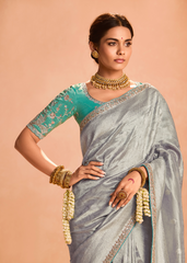 Elegant Grey Zari Tissue Silk Saree with Embroidered Blouse