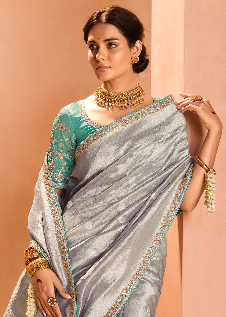 Elegant Grey Zari Tissue Silk Saree with Embroidered Blouse