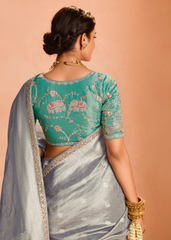 Elegant Grey Zari Tissue Silk Saree with Embroidered Blouse