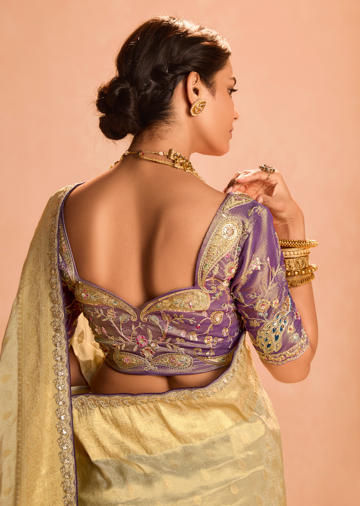 Golden Zari Tissue Silk Saree with Embroidered Blouse
