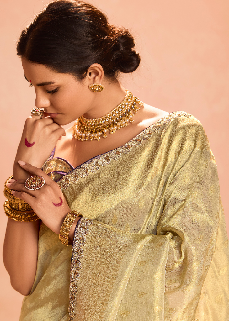 Golden Zari Tissue Silk Saree with Embroidered Blouse