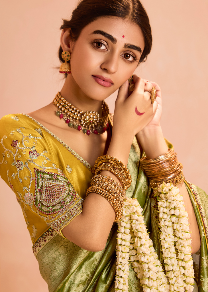 Olive Green Zari Tissue Silk Saree with Designer Blouse