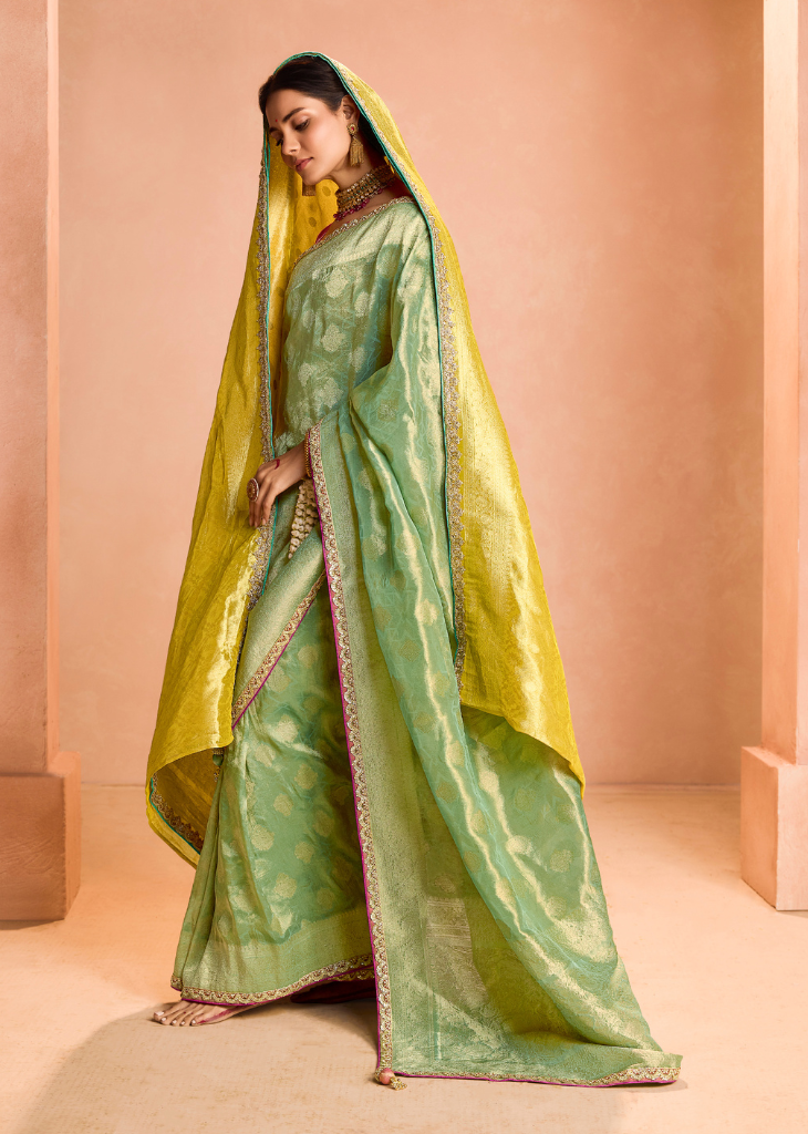 Olive Green Zari Tissue Silk Saree with Designer Blouse