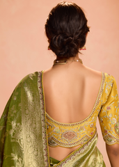 Olive Green Zari Tissue Silk Saree with Designer Blouse