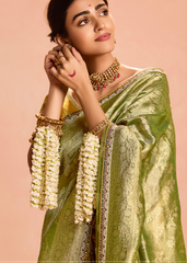 Olive Green Zari Tissue Silk Saree with Designer Blouse