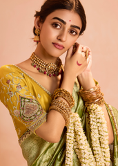 Olive Green Zari Tissue Silk Saree with Designer Blouse