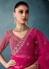 Fuchsia Pink Saree with Zari-Embroidered Blouse Design