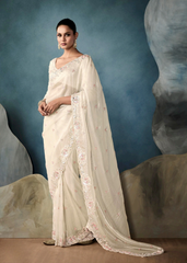 Ivory Tissue Saree with Soft Pink Floral Embroidery