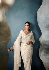 Ivory Tissue Saree with Soft Pink Floral Embroidery