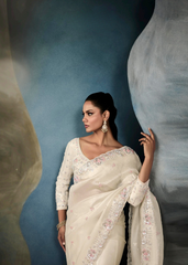 Ivory Tissue Saree with Soft Pink Floral Embroidery