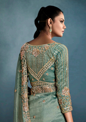 Sea Green Saree with Hand Embroidered Blouse & Border