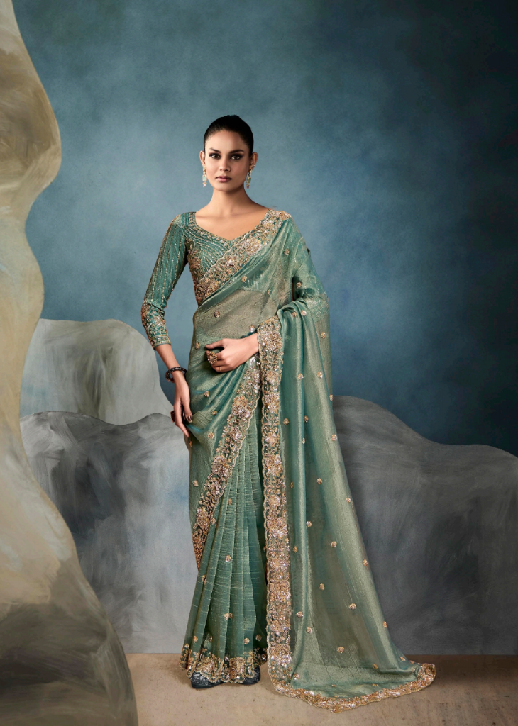 Sea Green Saree with Hand Embroidered Blouse & Border