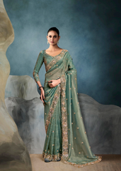 Sea Green Saree with Hand Embroidered Blouse & Border