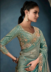 Sea Green Saree with Hand Embroidered Blouse & Border