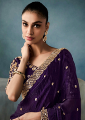 Royal Purple Tissue Saree with Gold Embroidered Blouse