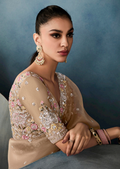 Nude Gold Tissue Saree with Sequin & Floral Embroidery