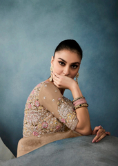 Nude Gold Tissue Saree with Sequin & Floral Embroidery