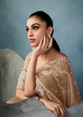 Nude Gold Tissue Saree with Sequin & Floral Embroidery