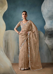 Nude Gold Tissue Saree with Sequin & Floral Embroidery