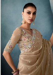 Nude Gold Tissue Saree with Sequin & Floral Embroidery