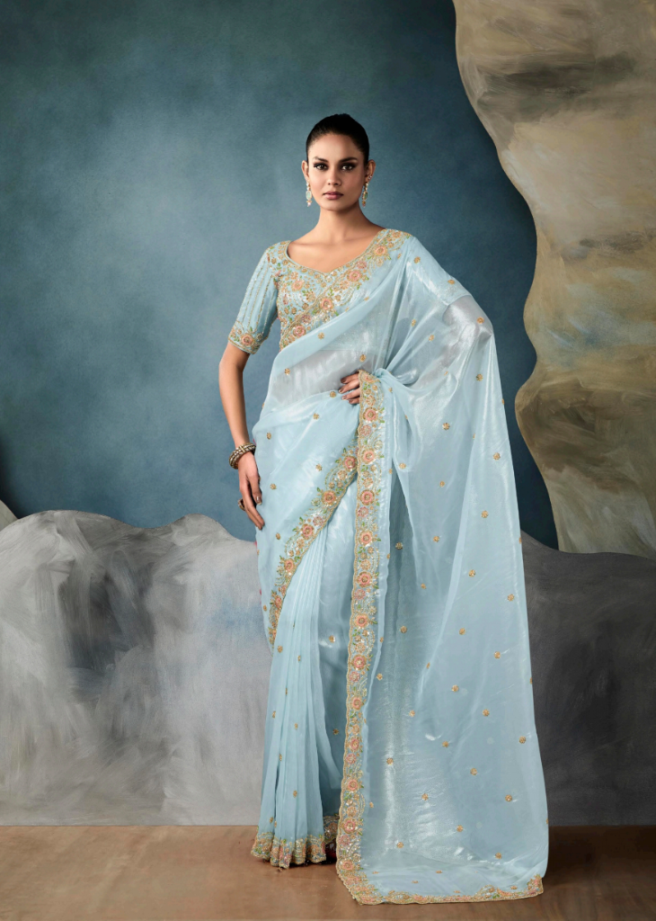 Icy Blue Tissue Saree with Multicolor Embroidered Blouse