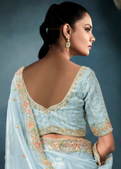 Icy Blue Tissue Saree with Multicolor Embroidered Blouse