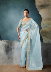 Icy Blue Tissue Saree with Multicolor Embroidered Blouse