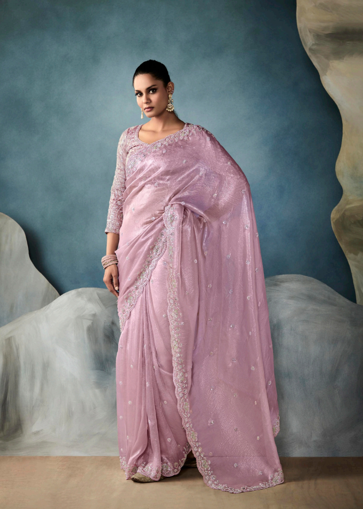 Blush Pink Shimmer Tissue Saree with Embroidered Blouse