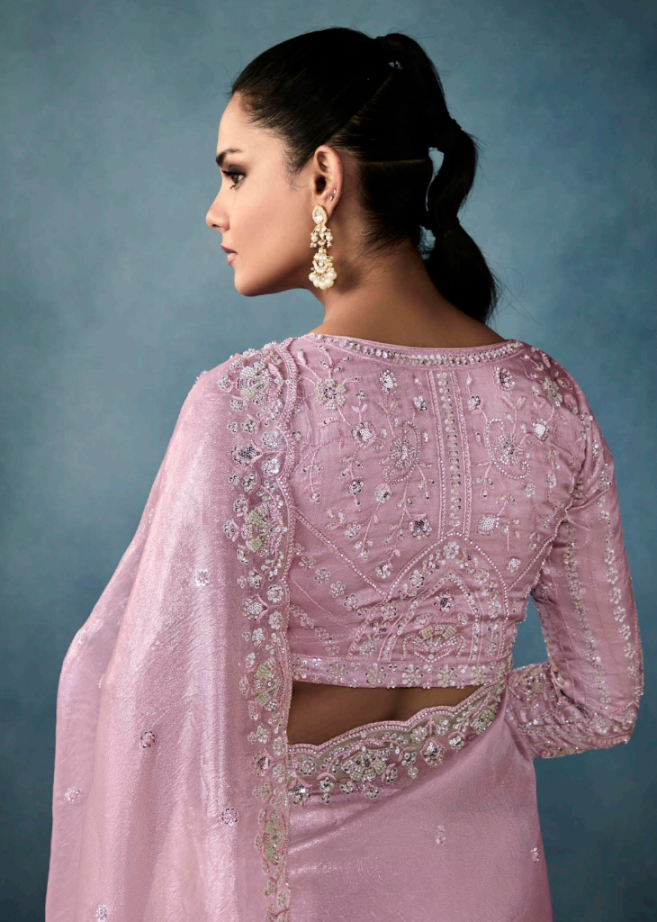 Blush Pink Shimmer Tissue Saree with Embroidered Blouse