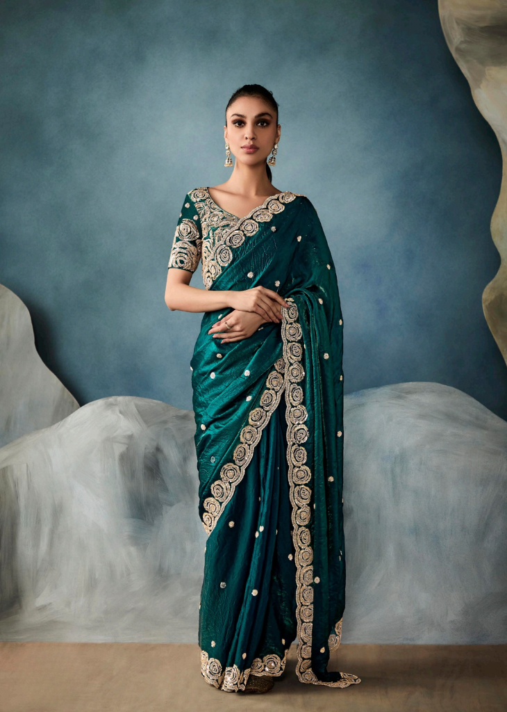 Emerald Green Crushed Tissue Saree with Rose Embroidery
