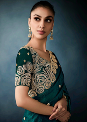 Emerald Green Crushed Tissue Saree with Rose Embroidery