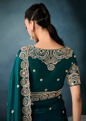 Emerald Green Crushed Tissue Saree with Rose Embroidery