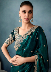 Emerald Green Crushed Tissue Saree with Rose Embroidery