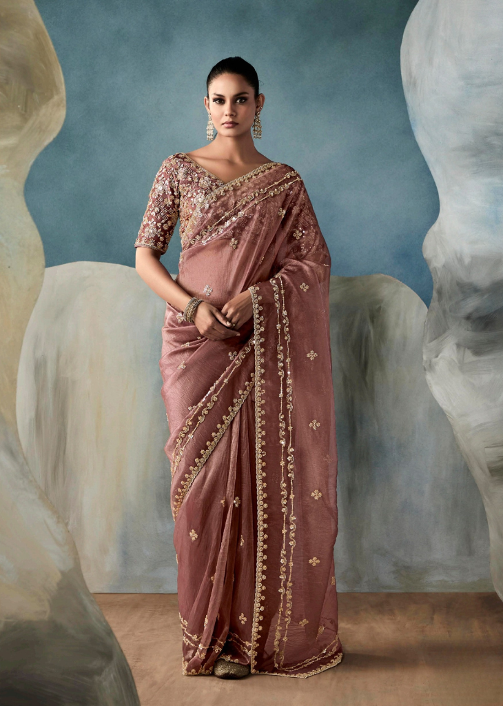 Dusty Rose Handwork Tissue Saree with Embroidered Blouse