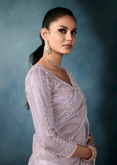 Lavender Ho Tissue Saree with Embroidered Blouse & Cutwork Border