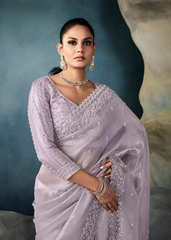 Lavender Ho Tissue Saree with Embroidered Blouse & Cutwork Border