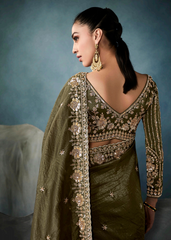 Olive Green Ho Tissue Saree with Handwork Border & Satin Blouse
