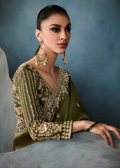 Olive Green Ho Tissue Saree with Handwork Border & Satin Blouse