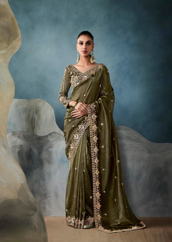 Olive Green Ho Tissue Saree with Handwork Border & Satin Blouse