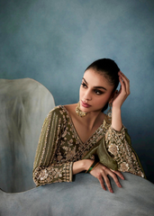 Olive Green Ho Tissue Saree with Handwork Border & Satin Blouse