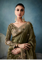 Olive Green Ho Tissue Saree with Handwork Border & Satin Blouse
