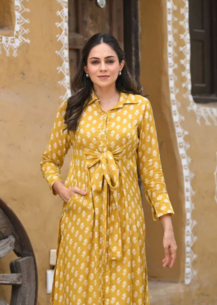 Pure Maslin Mustard Kurti Set with Digital Print & Full Inner