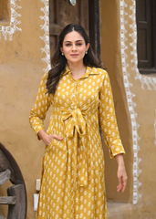Pure Maslin Mustard Kurti Set with Digital Print & Full Inner