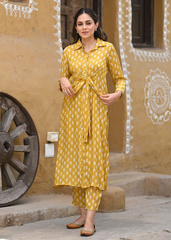 Pure Maslin Mustard Kurti Set with Digital Print & Full Inner