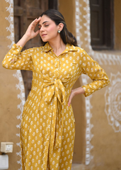 Pure Maslin Mustard Kurti Set with Digital Print & Full Inner