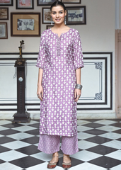 Lavender Pure Maslin Kurti Set with Digital Print & Heavy Crepe Inner