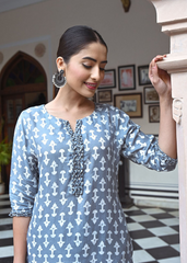 Soft Grey Maslin Kurti Set with Digital Print & Crepe Inner
