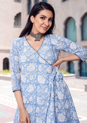 Sky Blue Wrap Kurti Set in Pure Maslin with Crepe Inner