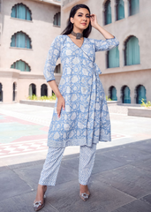Sky Blue Wrap Kurti Set in Pure Maslin with Crepe Inner